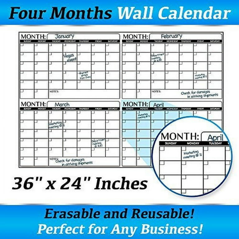 Business Basics Extra Large Dry Erase 4 Month 24" x 36" in Wall Calendar  Laminated Dry or Wet Erase Print Squares to Plan Your Whole Day Perfect for  School Office Cubicle Home