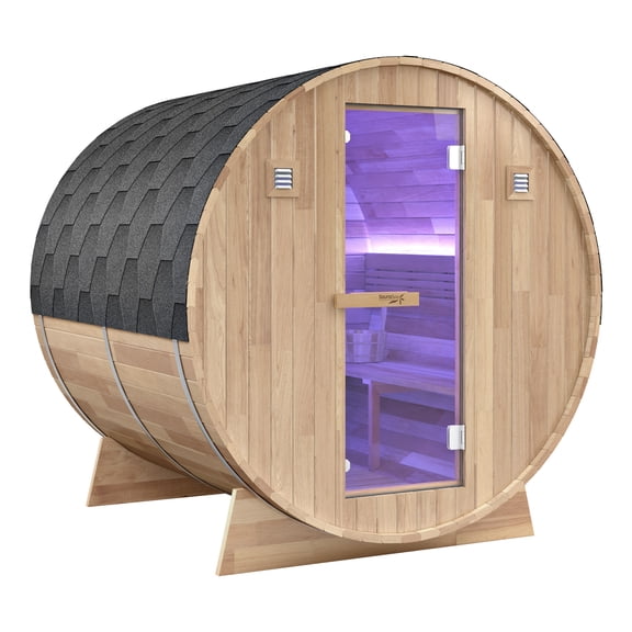 4-6-Person Outdoor White Cedar Barrel Wet Sauna with 6kW TOULE Rock Heater, Tempered Glass Door and Chromatherapy Lights