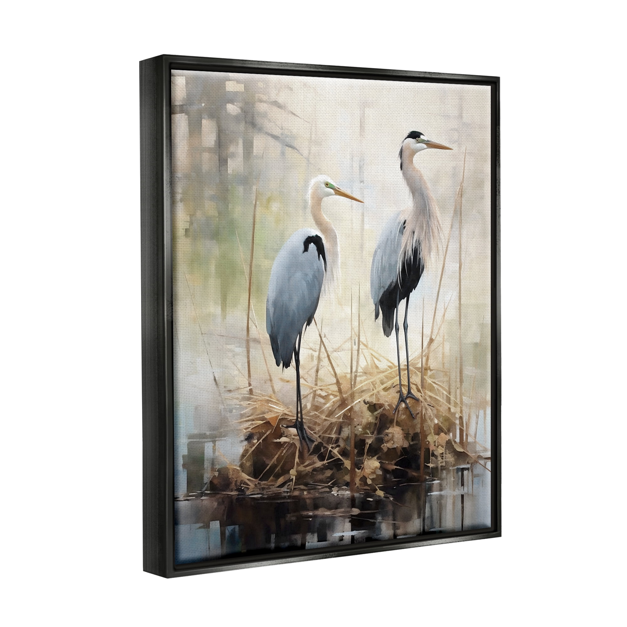 Stupell Industries Cranes in Pond Nature Animals & Insects Painting Black Floater Framed Canvas Art Print Wall Art, 17 x 21