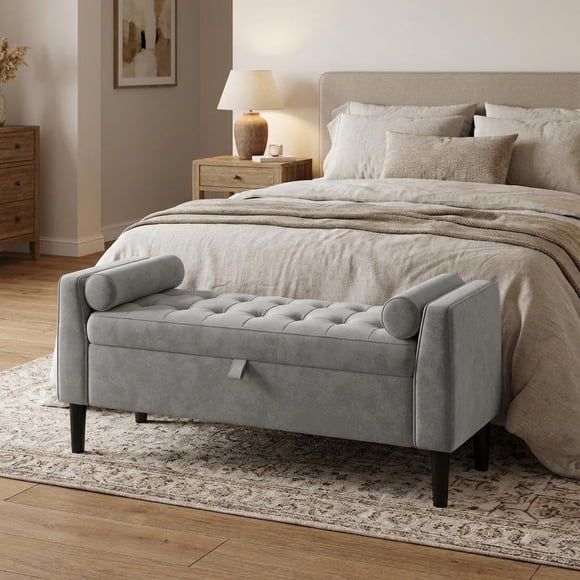 46.5" Grey Velvet Storage Ottoman Bench, Upholstered End-of-Bed Bench with Rolled Arms & Wood Legs, Multi-Functional Shoe Storage Seat for Entryway, Living Room, Bedroom & Hallway