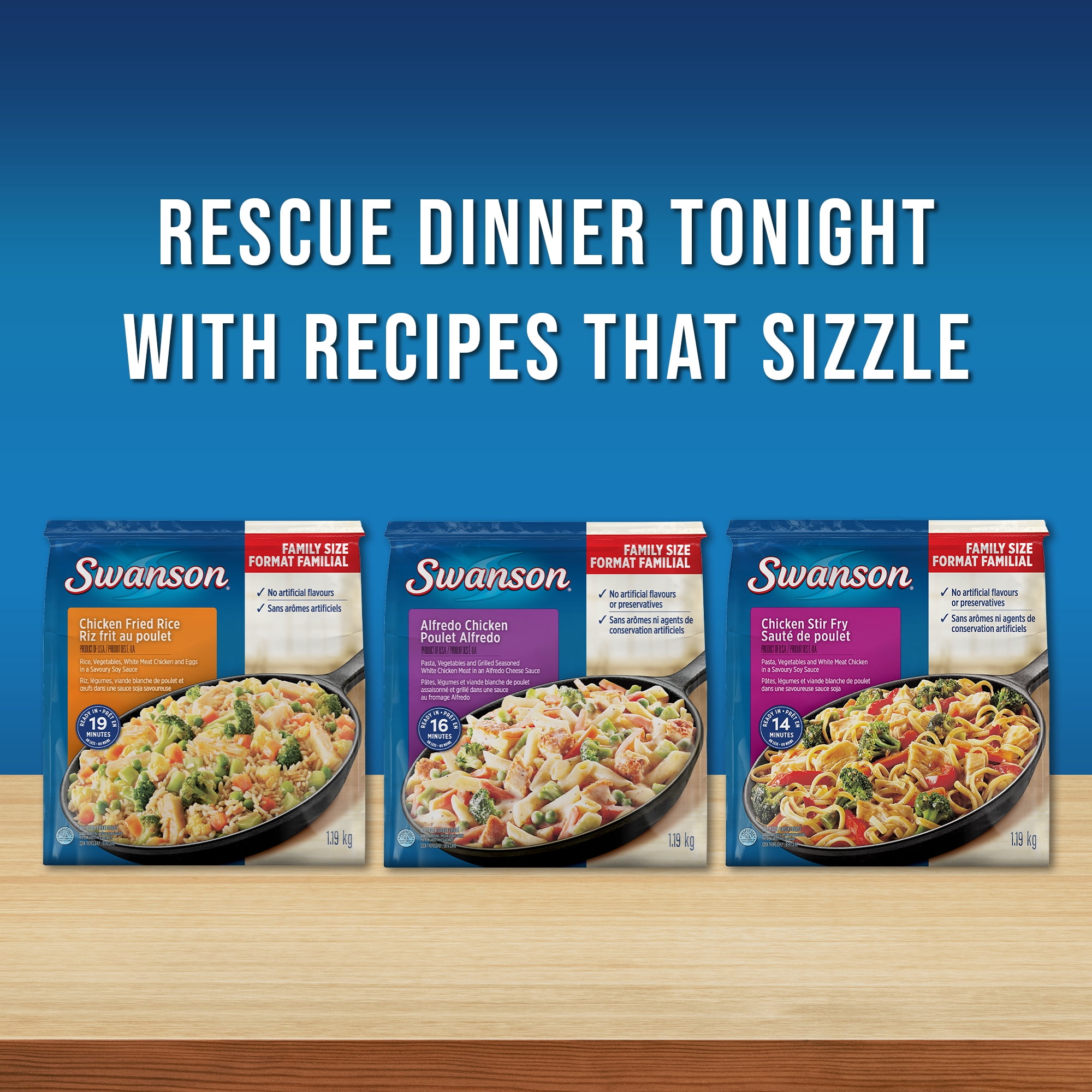 Poulet au fromage Swanson : un repas surgelé avec des pâtes, des légumes et du poulet assaisonné dans une sauce au fromage 1,19 kg