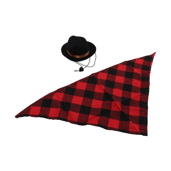 Pet Cowboy Costume Set, Cat Cowboy Hat Triangular Scarf 2pcs For Birthday Parties For Cowboy Hat Dress Up Brown+Red Grid,Brown+Green Grid,Black+Red Grid,Black+ Black Grid