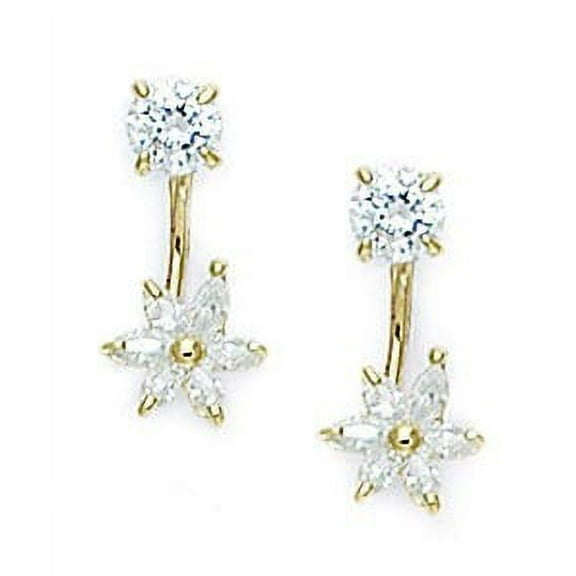 14k Yellow Gold Cubic Zirconia Medium Flower Telephone Earrings - Measures 15x7mm