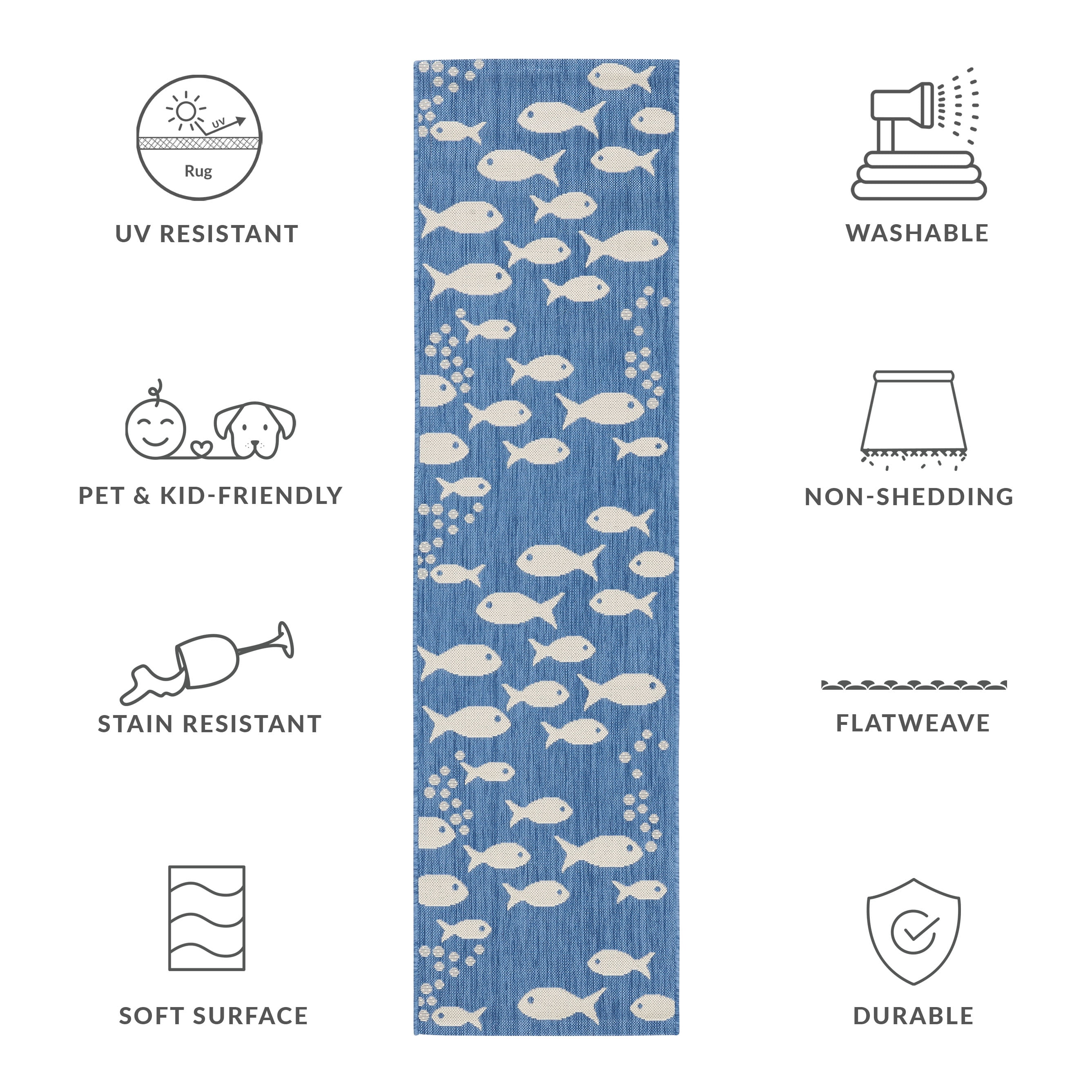 SAFAVIEH Courtyard Trena Fishes Indoor/Outdoor Runner Rug, Blue/Beige, 2'3" x 18'