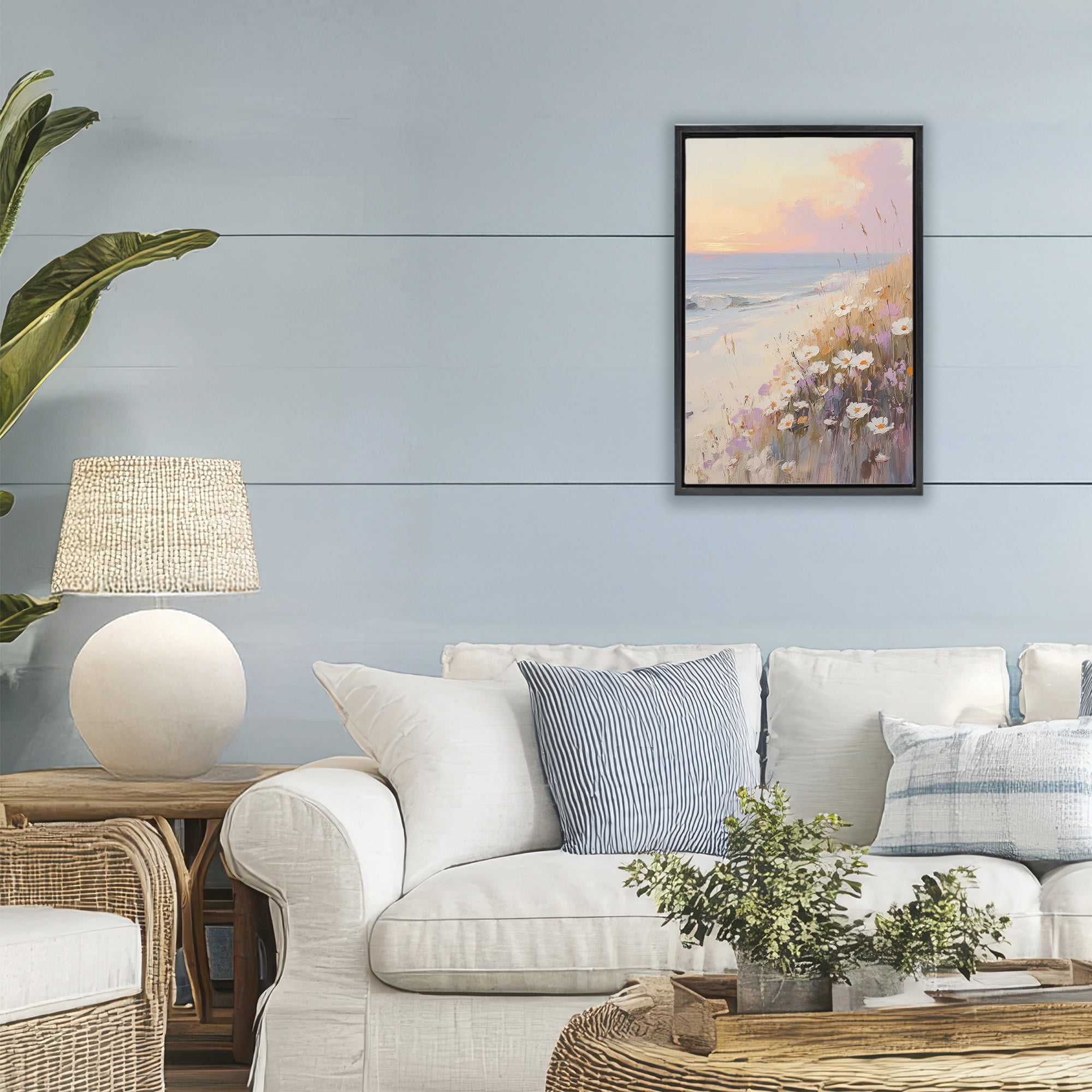 Stupell Industries Pastel Sunset Wildflowers By Sea Black Framed Floater Canvas Wall Art, design by Sisi and Seb