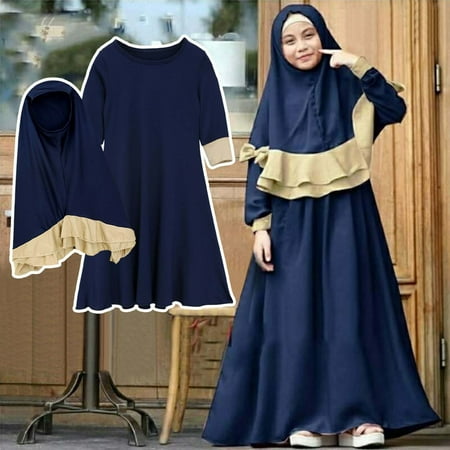

Herrnalise Girls Long Sleeve Solid Color Round Neck Dress Lace Turban Two Piece Muslim Children s Clothing