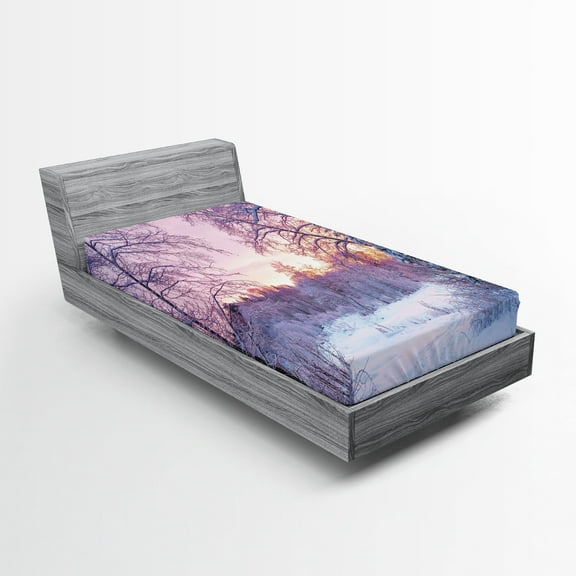 Ambesonne Landscape Fitted Sheet, Braches Snowy Sunset, Twin XL Size, Lavender Lilac White