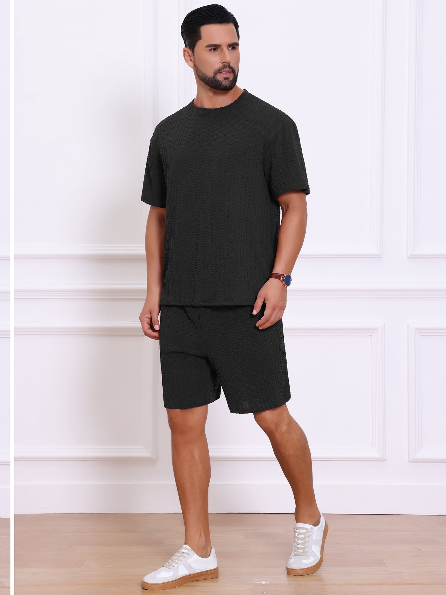 DARING DIVA Men's 2 Pieces Texture Crew Neck Shirt Top and Shorts Outfits 3XL Black