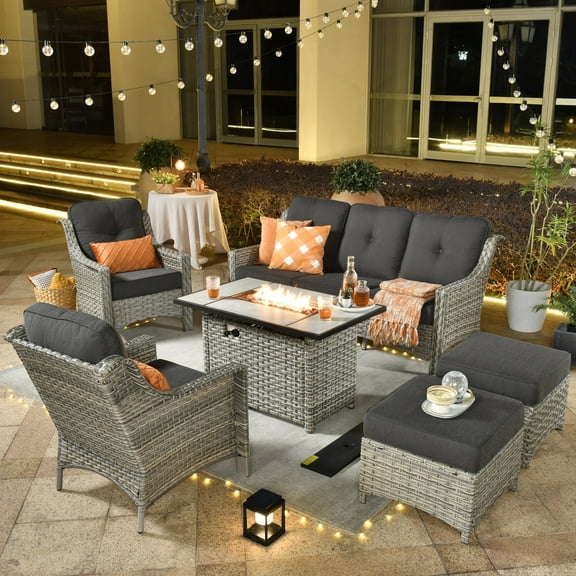 Ovios 5 Pieces High-Back Outdoor Patio Furniture with Fire Pit All Weather Wicker Conversation Furniture with Sofa for Backyard