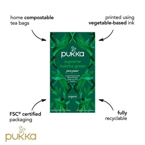 Pukka Organic Supreme Matcha Green Herbal Tea Compostable Green TeaBags 20's, British Import (Pack of 3)