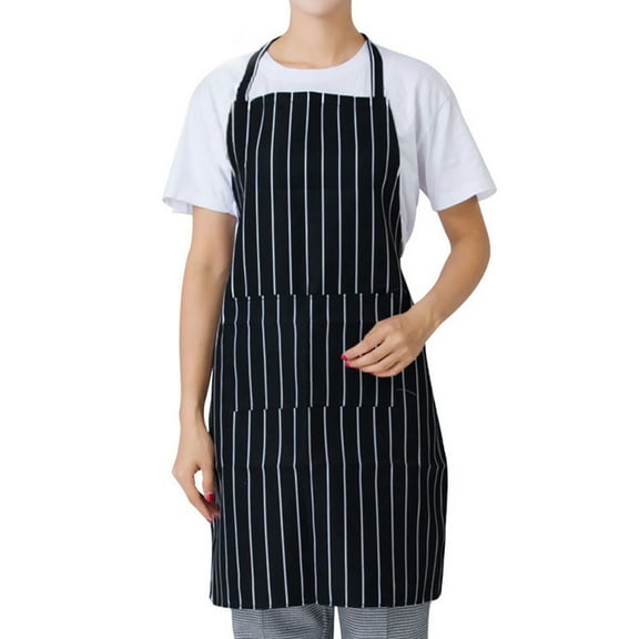 Farfi Apron Striped with Pocket Unisex Plaid Long Cooking Apron for Catering (Black Stripe)