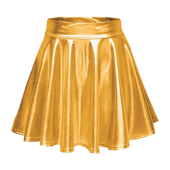 Qiopertar Plus Size Pleated Skirts for Women Hot Stamping Casual Short Skirts Waist Cinching A-Line Umbrella Skirts Fashion Comfy Stretchy, Gold XXL