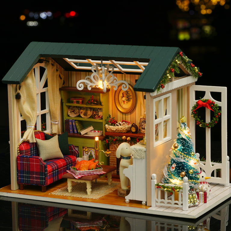 DIY Christmas Miniature Dollhouse Kit Realistic Mini 3D Wooden House Room Craft with Furniture LED Lights Children's Day Birthday Gift Christmas - Walmart.com
