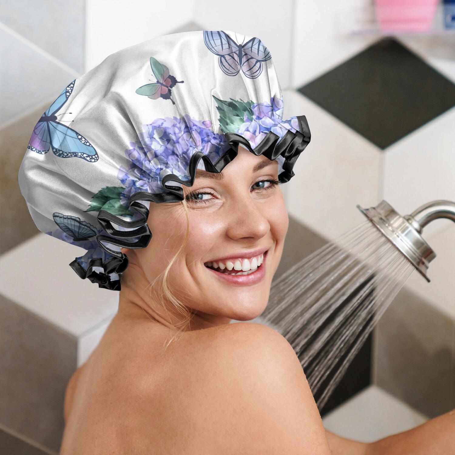 Shower Caps,Pink Butterfly Flower Pattern Waterproof Shower Cap for Women 4 Pieces,Double Reusable Hair Cover for Shower PEVA Elastic Stretch Hem
