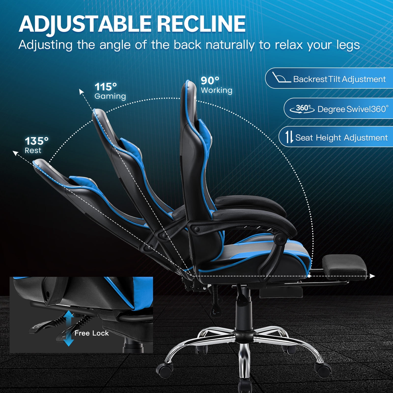 JONPONY Big and Tall 400LBS Gaming Chair, Ergonomic Design, Gamer Chair PU Leather with Footrest and Lumbar Support, High Back Office Chair Support 8 Hours Long Sitting, Computer Chair,Black Blue
