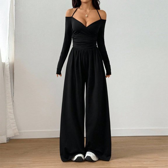 Morttic Women's Off Shoulder Halter Tie V-Neck Long Sleeve Jumpsuit – Ruched High Waist Wide Leg Casual One Piece Black,S
