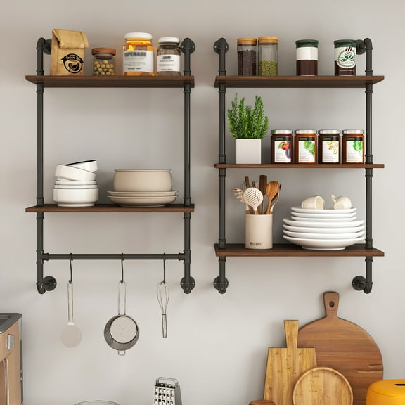 Industrial Pipe Shelf 3 Tier and 2 Tier Wall Mounted Shelves 36In Wood Display Shelves, and 3 Additional Hooks,Farmhouse Kitchen Bar Shelf, Diy Bookshelf Unit Hanging Wall Shelves for Bedroom...