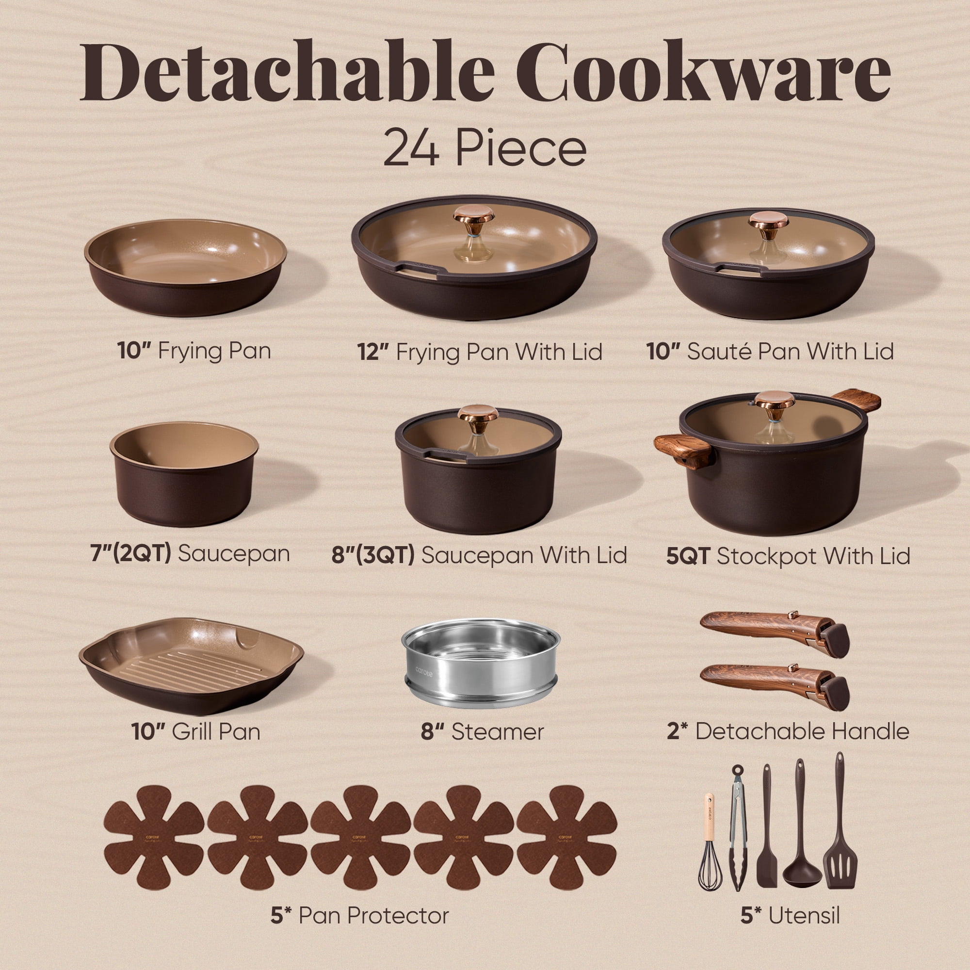 Carote 24pc Detachable Cookware Set, Chocolate, Ceramic Nonstick, Die-Cast Aluminum