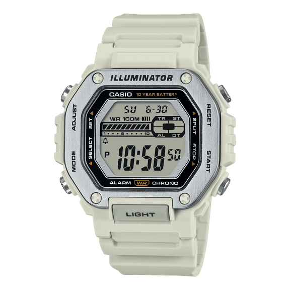Casio Digital Octagon Wristwatch 10-Yr Battery 100M Wr Led Light Stopwatch White Risin Band & Stainless Steel Bezel