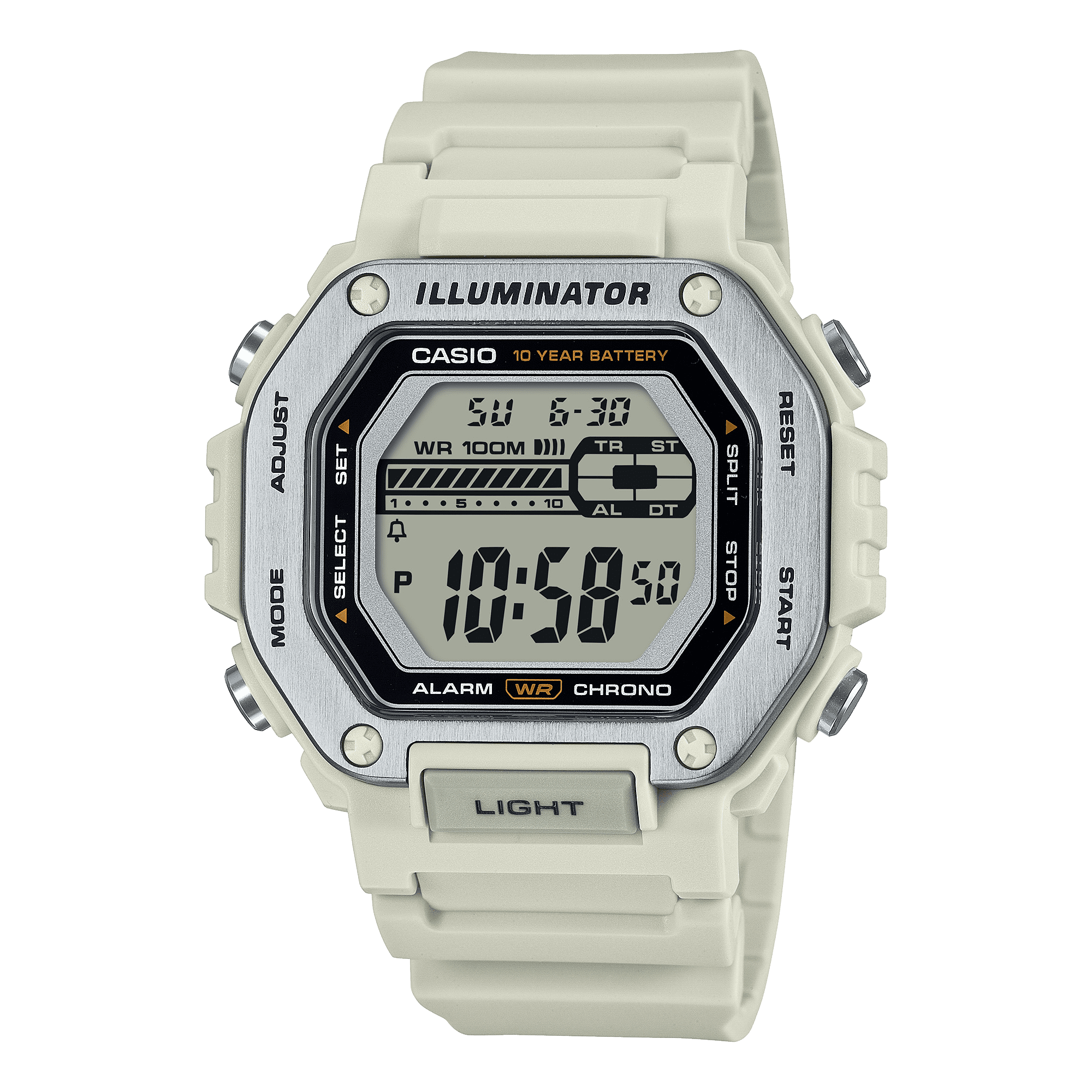 Casio Digital Octagon Wristwatch 10-Yr Battery 100M Wr Led Light Stopwatch White Risin Band & Stainless Steel Bezel