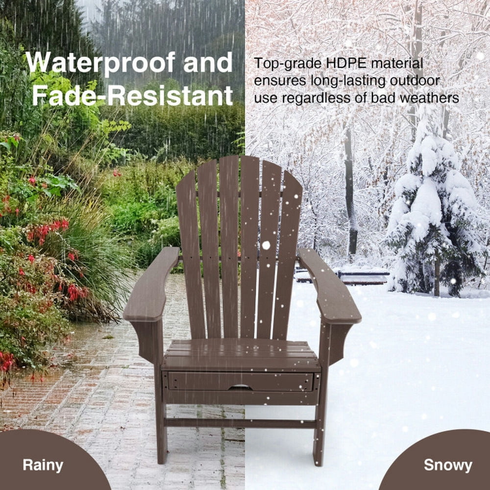Topcobe Patio HDPE Adirondack Chair with Retractable Ottoman, Outdoor Patio Furniture for Balcony Garden Backyard -Brown