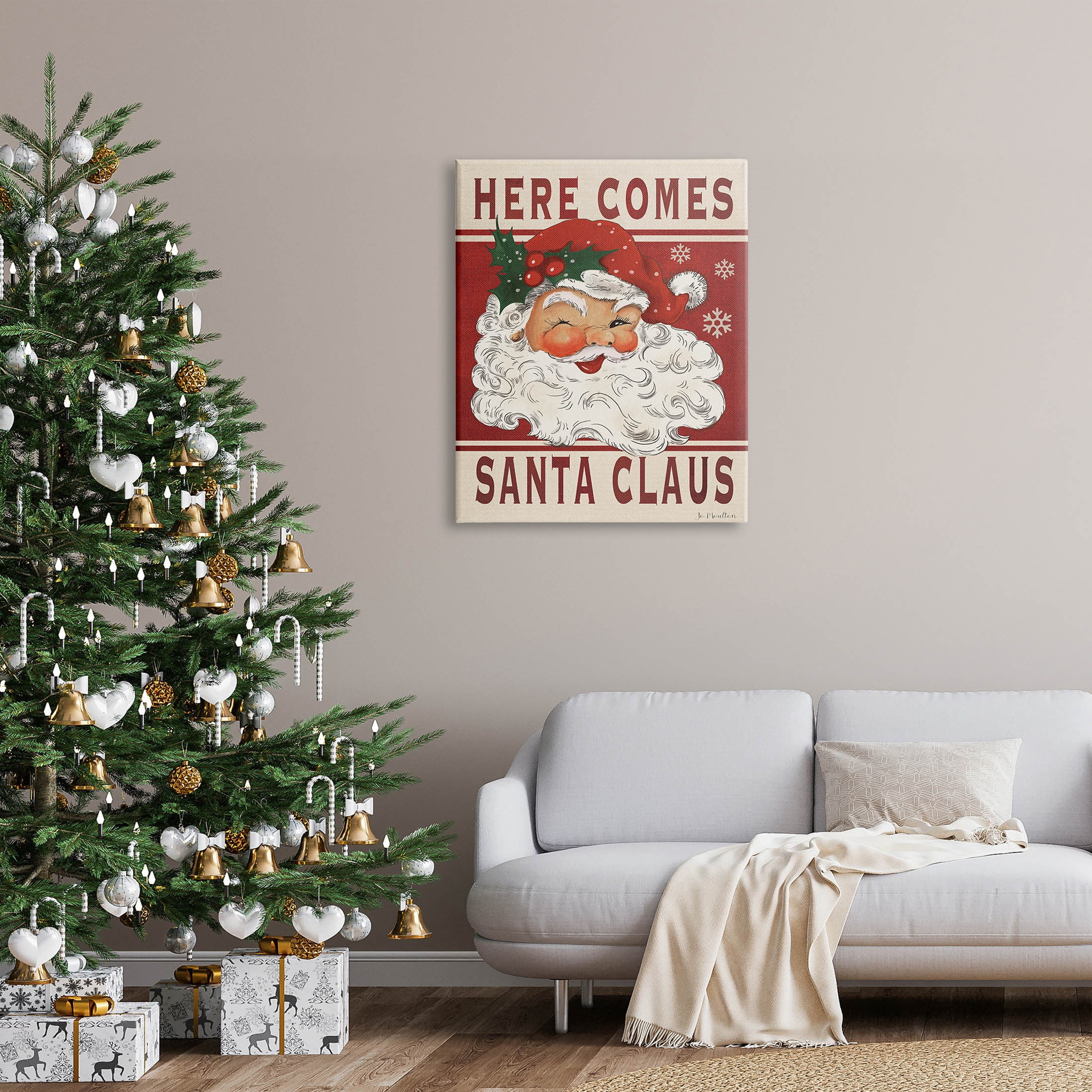 Here Comes Santa Claus Smiling Vintage Holiday Graphic Art Gallery Wrapped Canvas Print Wall Art