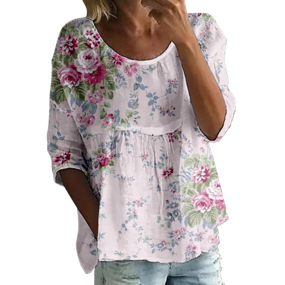 MVRLSH Long Sleeve Shirts For Women Floral Print 3/4 Sleeve T Shirt Women Round Neck Loose Large Size Bubble Wrinkles Top Pink S-5Xl