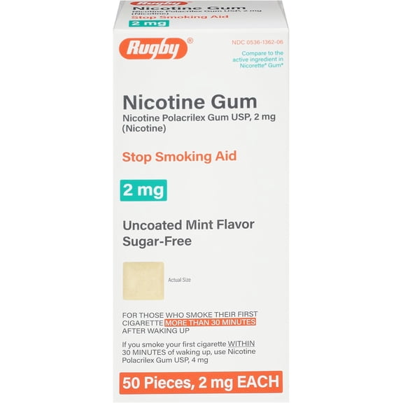 Rugby Nicotine Gum - Nicotine Polacrilex Gum USP, 2mg (Nicotine) - Stop Smoking Aid - Sugar-Free - Uncoated Mint Flavor - 50 Pieces
