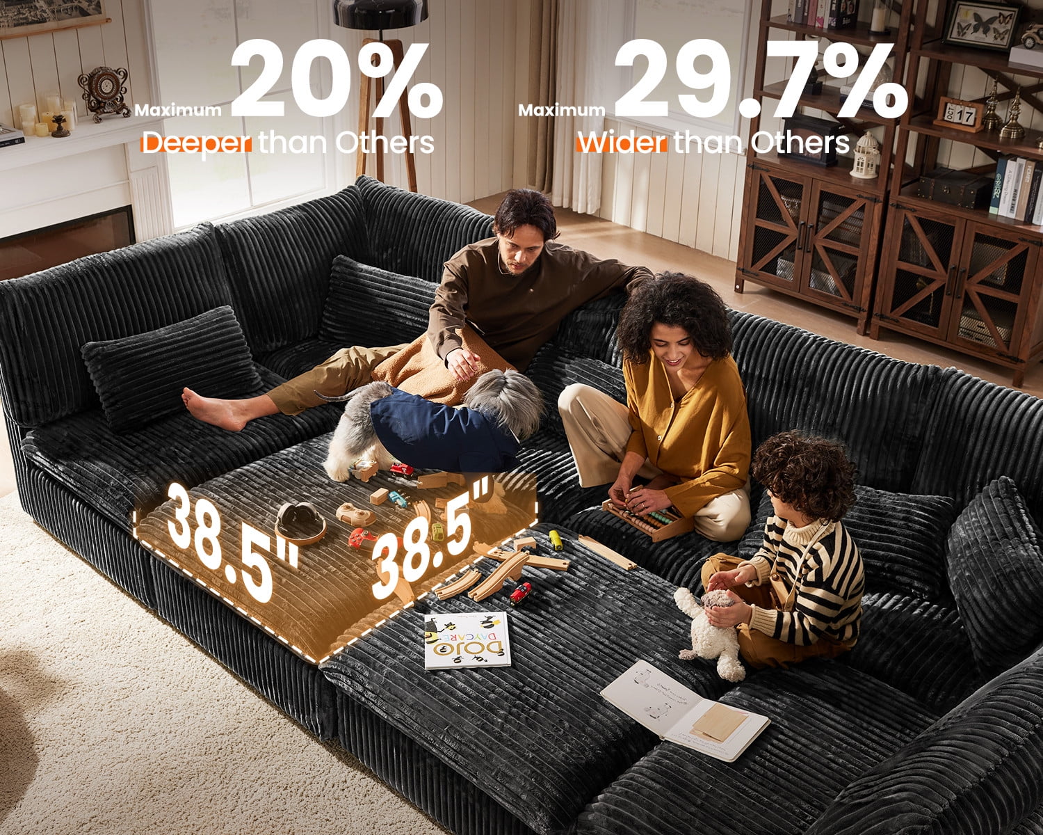 CHIC HOUSE Cloud Modular Sectional Sofa, Oversized Deep Seat Chenille Couch with Ottoman,4-Seater Sleeper Sofa Bed for Living Room, Apartment, Villa,FSC-Certified, Black