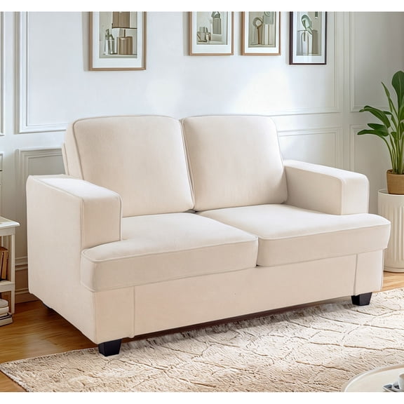 Modern Velvet Loveseat, Comfortable 2 Seater Couch with Deep Seating and High-Density Foam, Loose Back Cushions, Wide Arms, Living Room Furniture for Home, Apartment, Office, Ivory 90264