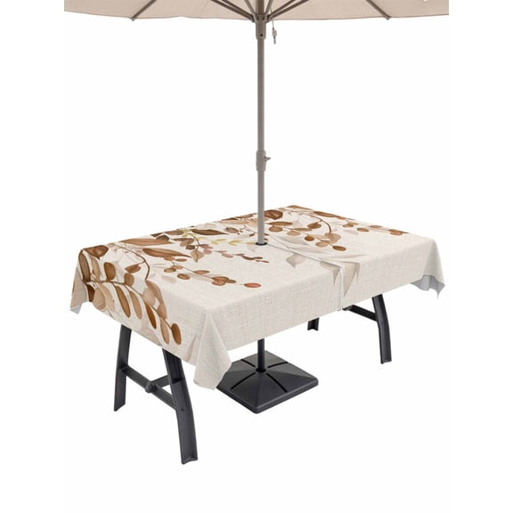Outdoor Tablecloth with Umbrella Hole for Patio/Picnic/Party/Camping, Brown Orange Eucalyptus Waterproof Table Cloth Rectangle Table Cover Washable, Farmhouse Weeping Leaves Linen (54"x 80")