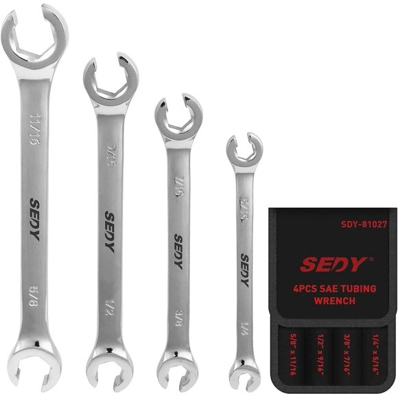 4-Piece Flare Nut Wrench Set - SAE Brake Line 1/4, 5/16, 3/8, Silver