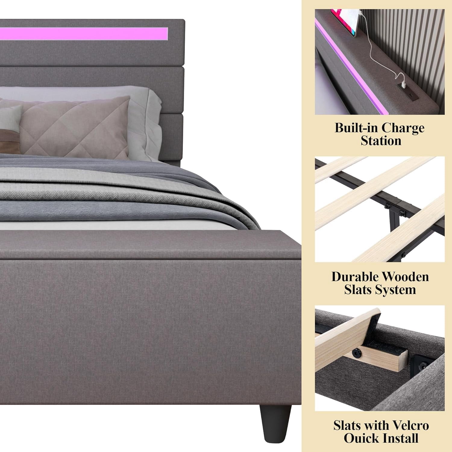 Kallabe King Bed Frame with Storage Ottoman and LED Light Headboard, Upholstered Platform Bed with 2 USB Ports, Grey