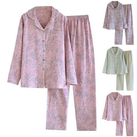 Helii Women Cotton Pajamas Set Long Sleeve Notch Collar Top and Pants Soft Breathable Sleepwear Lounge Set with Bamboo Floral Print Button Down Elastic Waist 2 Piece Pjs 3 Colors Pajama Set