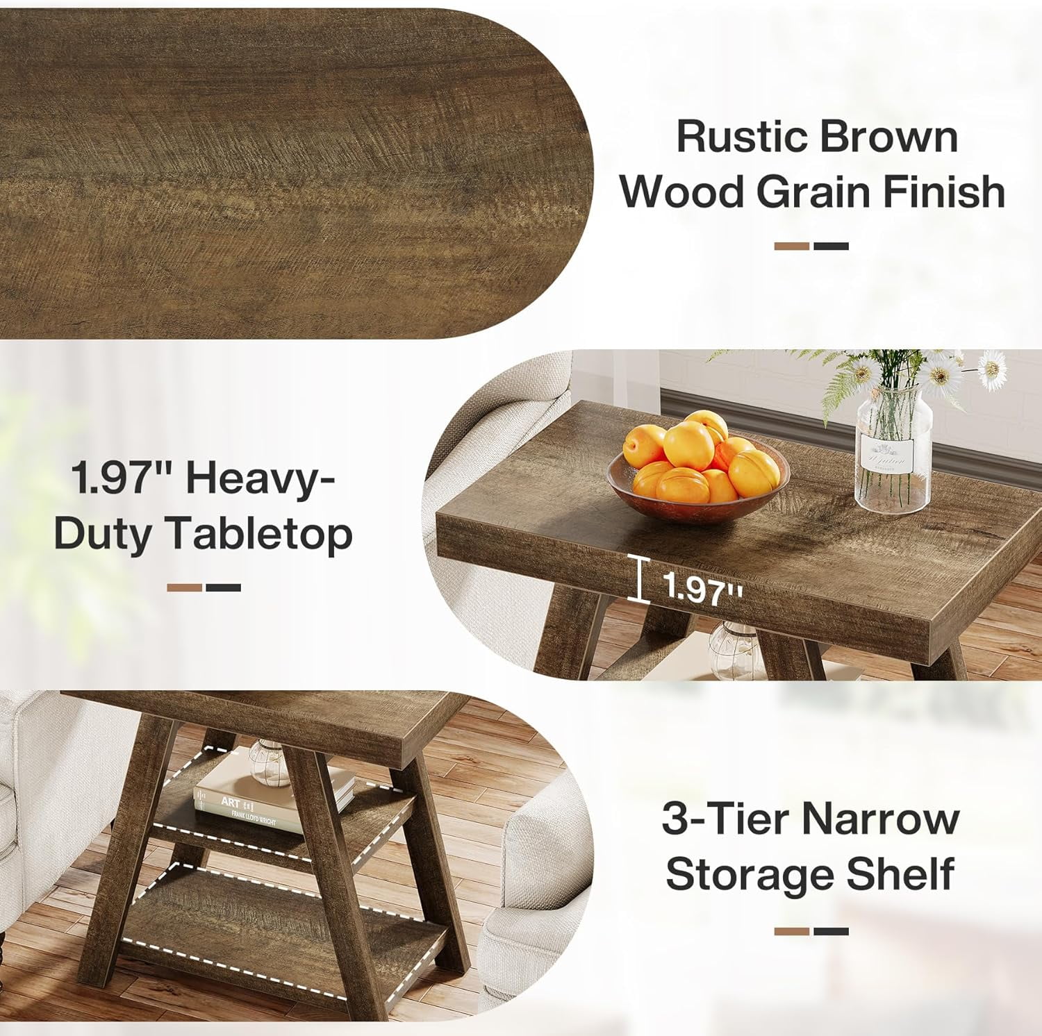 Tribesigns End Table for Living Room, 3-Tier Narrow Wood Farmhouse Sofa Side Table with Storage Shelf, Vintage Heavy-Duty Bedside Table for Bedroom, Rustic Brown