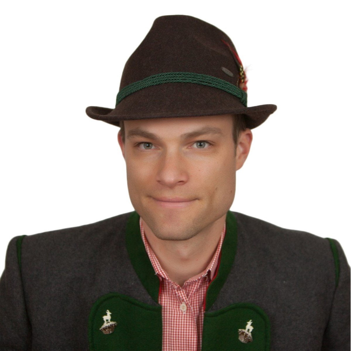 Oktoberfest Haus German Alpine Wool Brown Edelweiss Fedora Hat with Feather &  for Men & Women | L