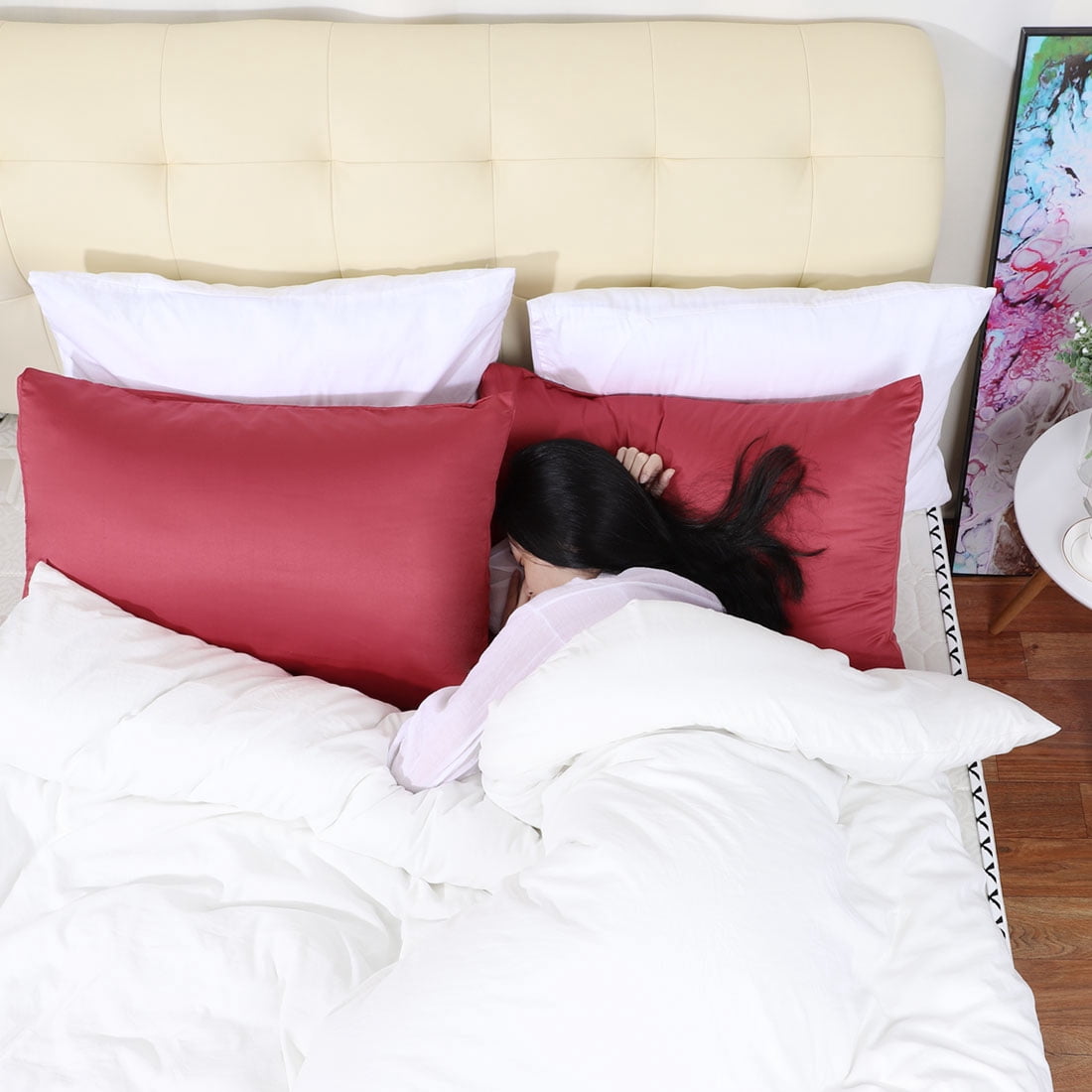 Unique Bargains Silky Satin Pillow Cases Covers Set of 2 Burgundy Standard