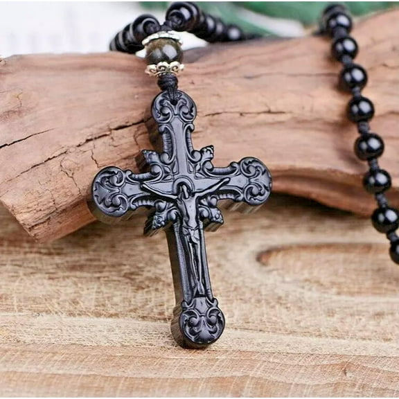 HOOUN Obsidian Cross Pendant Necklace for men Lucky Jewelry Gift