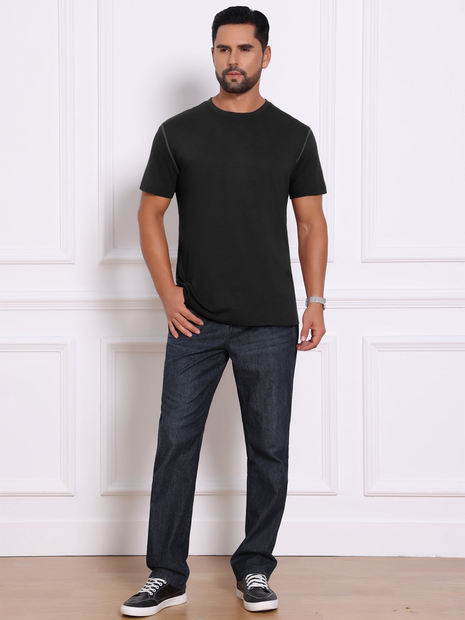 DARING DIVA Men's Crew Neck Short Sleeve Solid Color Retro Style T-Shirt M Black