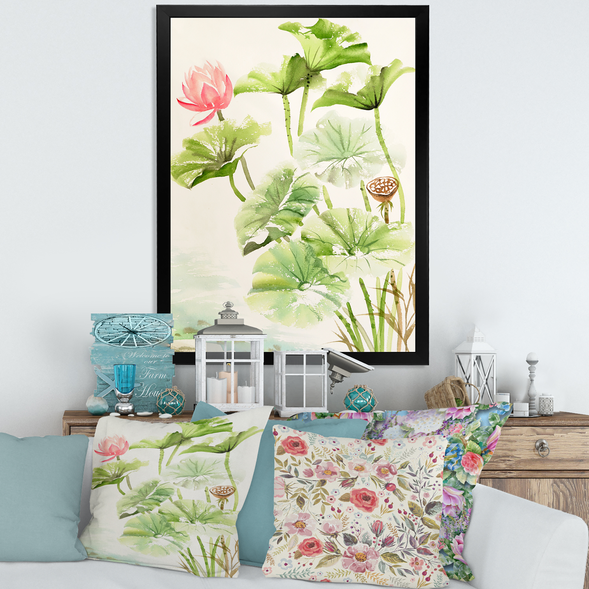 Designart 'Ancient Pink Lotuses In The Pond IV' Traditional Framed Art Print
