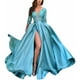 thumbnail image 1 of Vestido de noche de manga larga con escote en V para mujer, elegante vestido de fiesta largo con abertura hasta el muslo y talle imperio, vestido de cóctel para fiesta de boda (2XL), 1 of 4