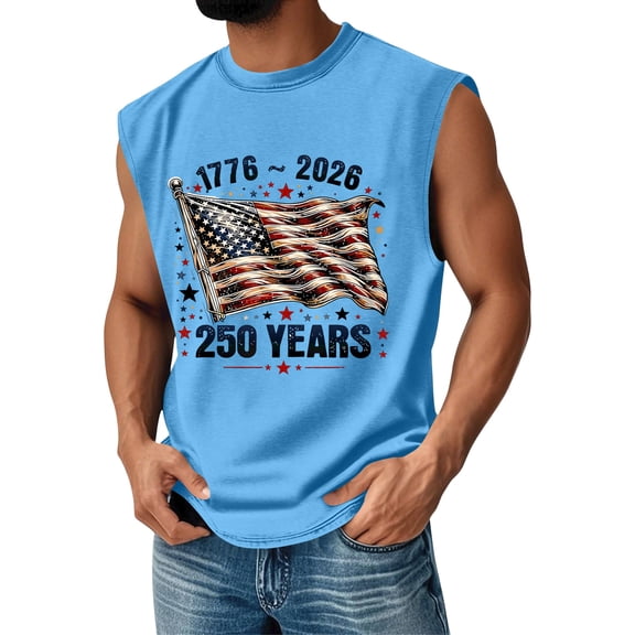 Patriotic Shirts Men 250 Anniversary Usa Independence Day Shirt Crew Neck Sleeveless 1776 - 2026 T Shirts Graphic Loose Usa Flag Tank Tops Light Blue XL