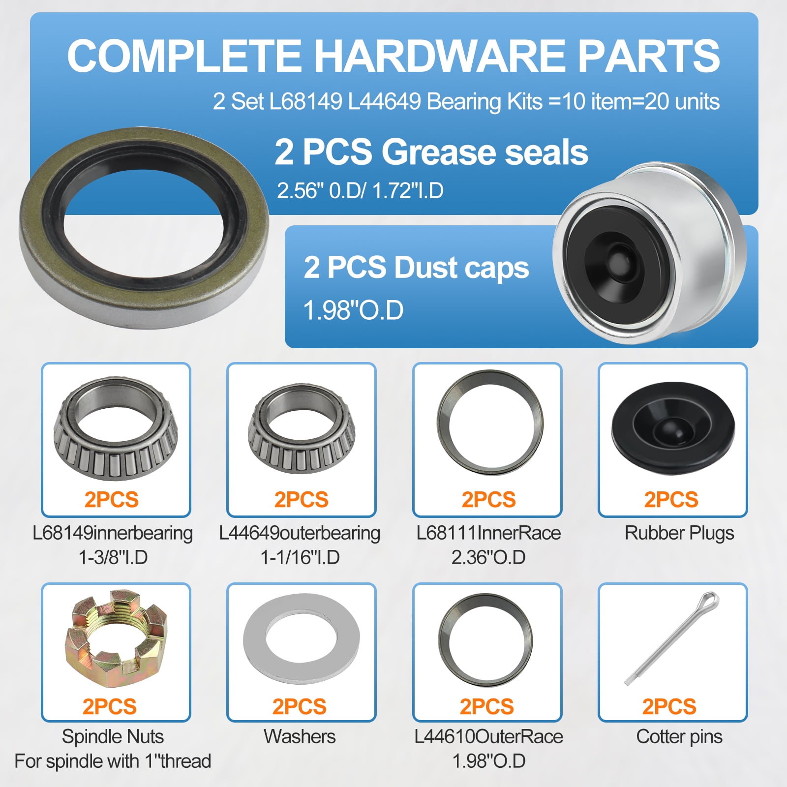 2 Set L68149 L44649 Trailer Axle Bearings Kit with 171255TB Grease Seals,1.98'' Trailer Dust Caps, Cotter Pins, Axle Nuts & Washers, Fits for 1-3/8'' to 1-1/16'' 3500 Lbs Trailer Axle #84 Spindle
