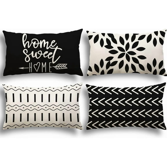 Lumbar Pillow Covers 12x20 Set of 4, Modern Sofa Throw Pillow Cover, Decorative Outdoor Linen Fabric Pillow Case for Couch Bed Car, Black