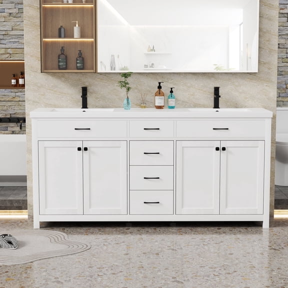 Eclife 72" Freestanding Double Sink Bathroom Vanity with Resin Top, Faucet and Drain,Assembly Required, Spacious Storage