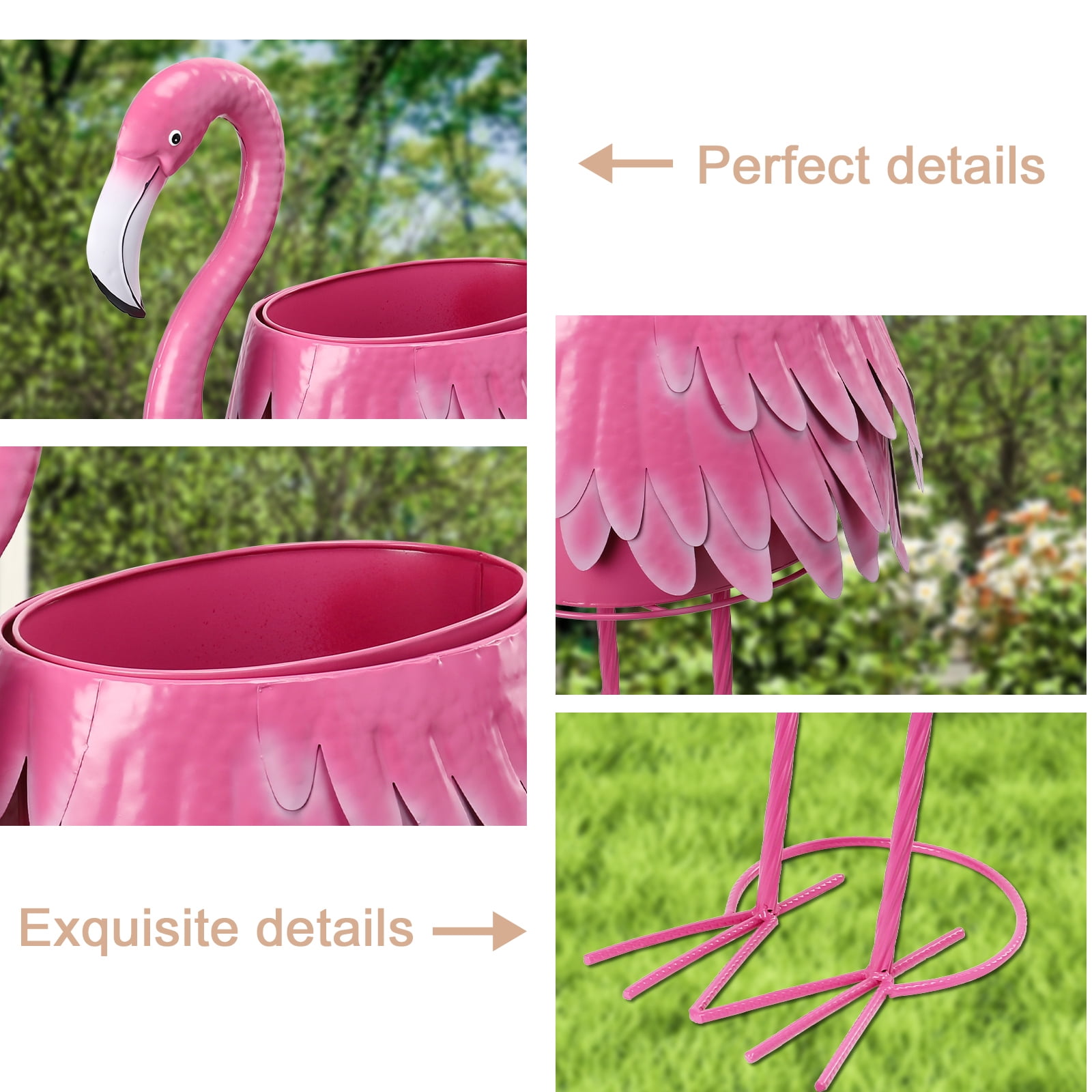 31 Inch Pink Flamingo Metal Planter – Decorative Flower Pot with Drain Hole, Indoor/Outdoor Accent for Garden, Patio & Poolside