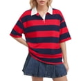 thumbnail image 2 of KDDYLITQ Striped Shirt Women Oversized V Neck Casual Polo Shirts Short Sleeve Rugby Collared Pullover Loose Fit Tops Red XL, 2 of 5