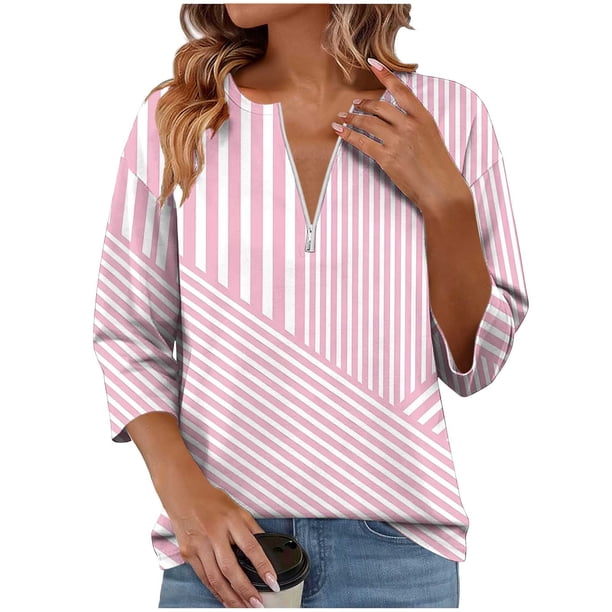Camiseta de Verano de la Mujer con Cremallera de Moda de Ajuste Suelto Impresa 3/4 Manga Suelta Cómoda Primavera Y Verano Top de Verano de la Mujer