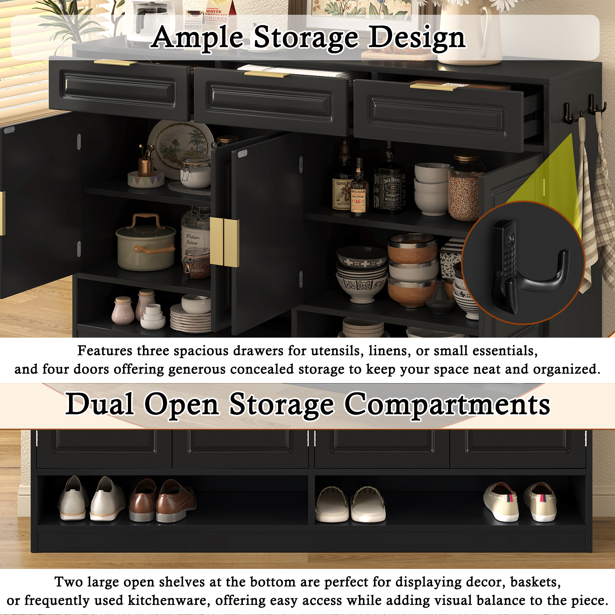 Aukfa 59.1" Sideboard Buffet Cabinet,Large Storage Cabinet with 3 Drawers & Adjustable Shelf,Black