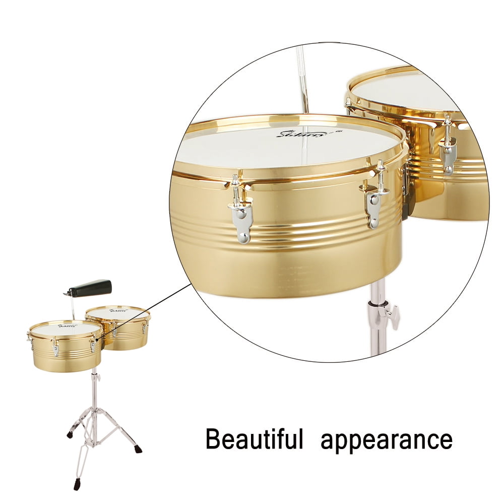 13" & 14" Timbales Drum Set with Stand and Cowbell Golden
